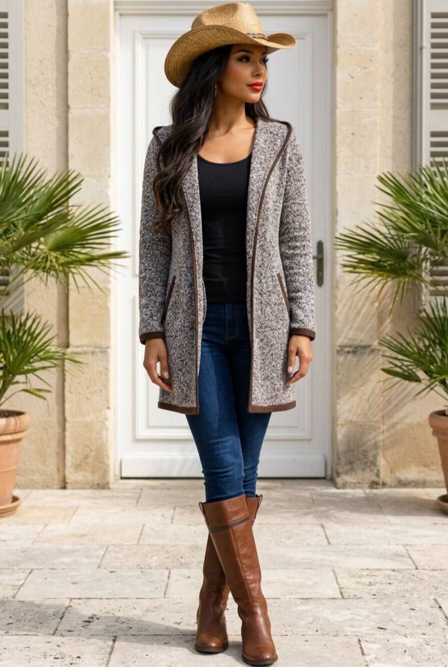 🩵Brown & White Marled Knit Open Front Hooded Cardigan Sweater Large